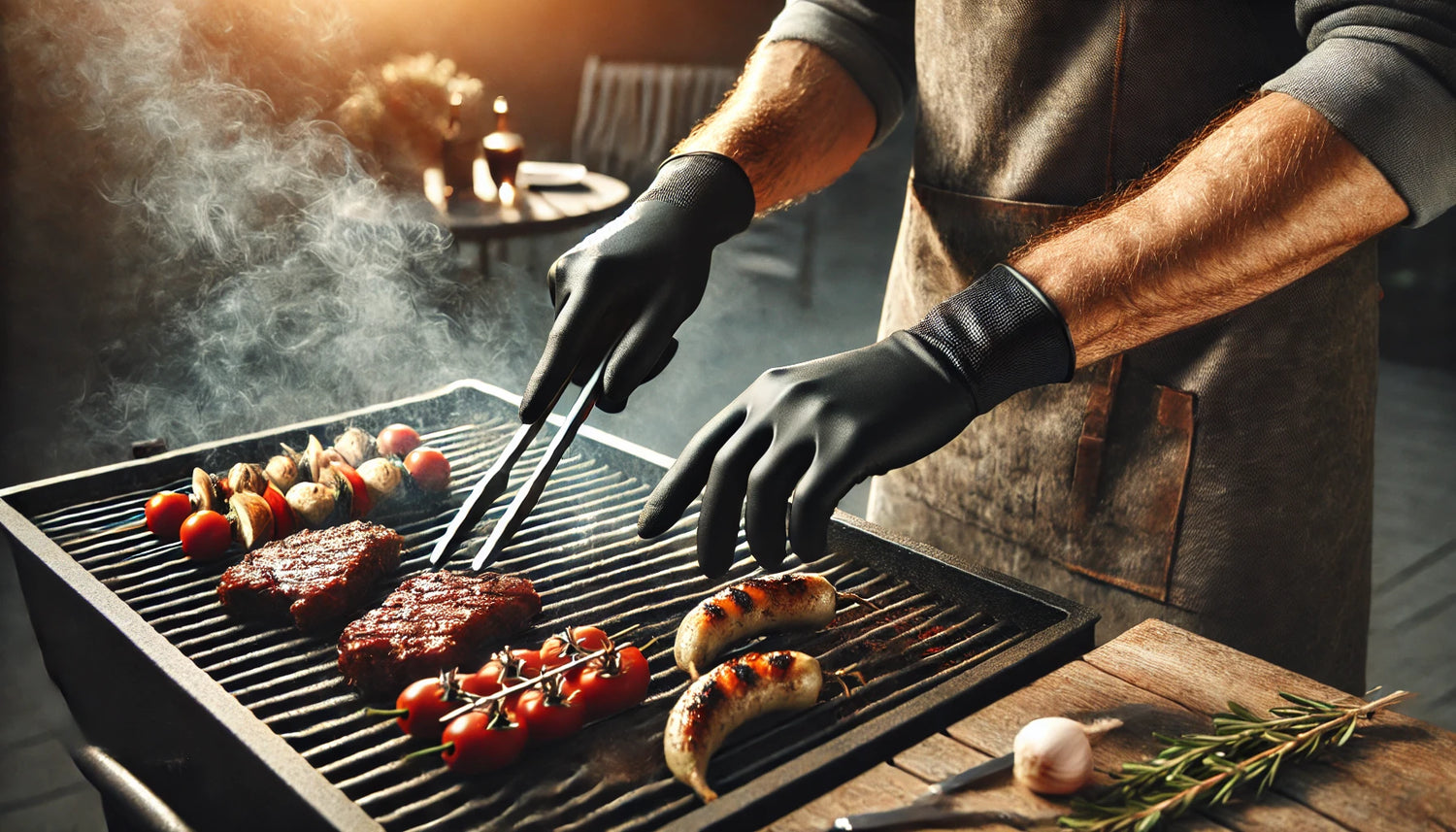 a man using a black nitrile glove in a barbecue