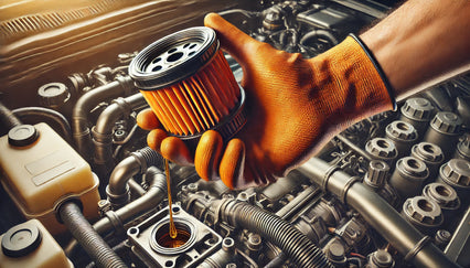 a person is using an orange nitrile glove for oil change