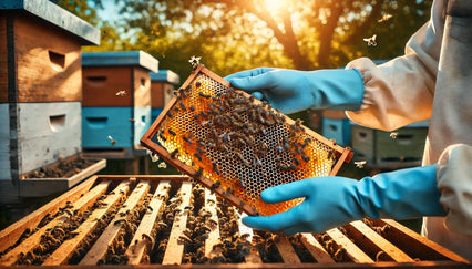 a blue nitrile glove being used by a person for beekeeping