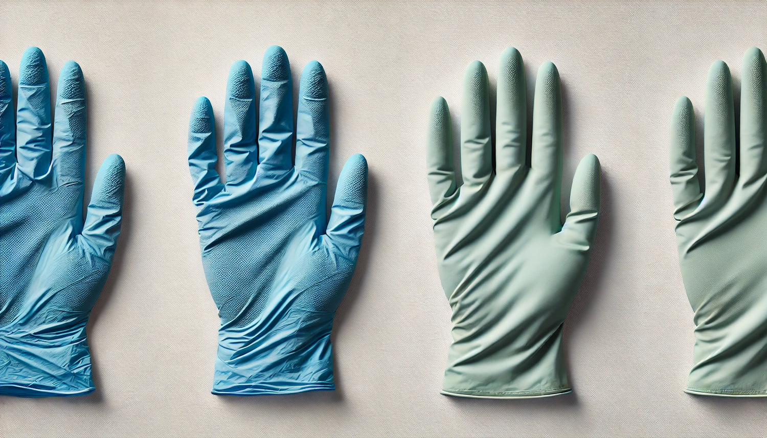 a pair of blue nitrile gloves and a pair of green chloroprene gloves in a white background