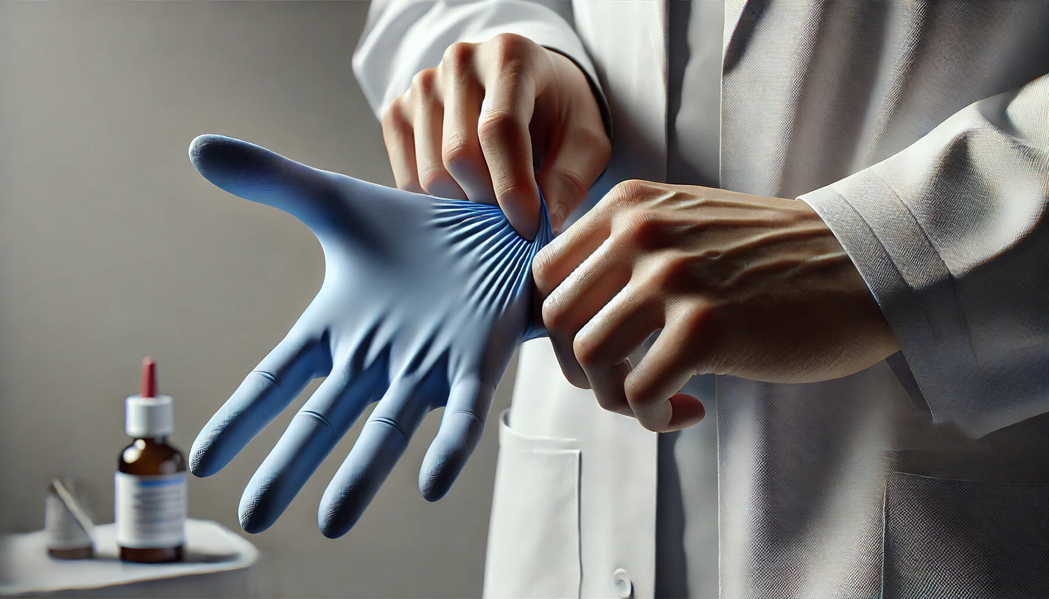 a doctor using a blue latex gloves for medical tasks