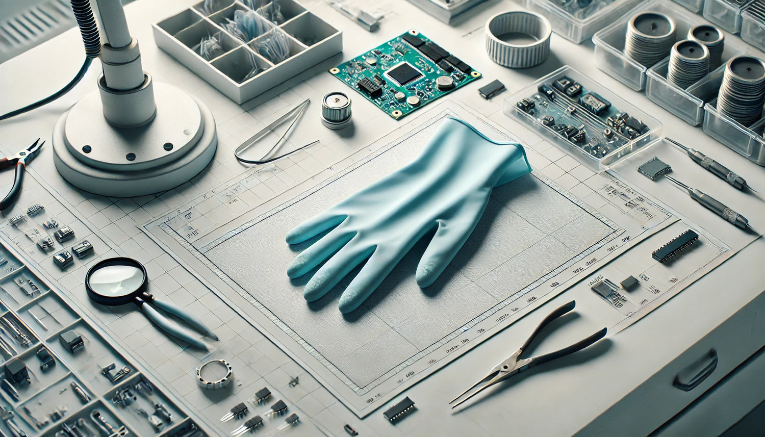 a blue nitrile glove in a anti static background with tools 