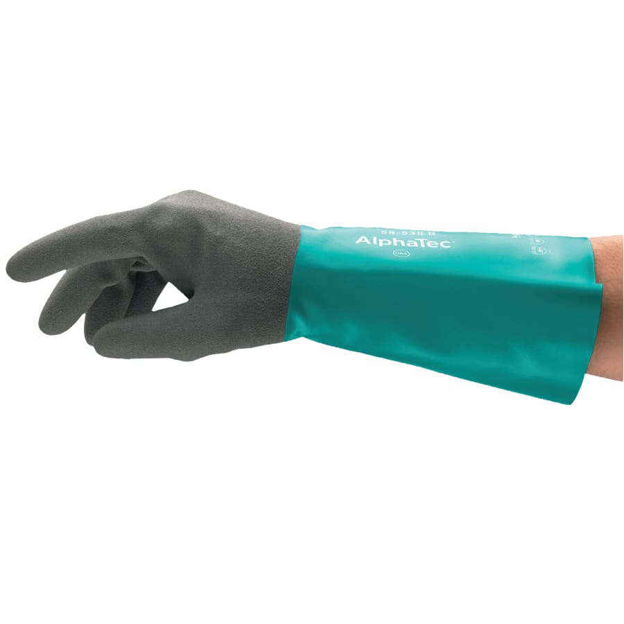 ALPHATEC 58535B CHEM REST GRN/DRK GRY 14" - AlphaTec® 58-530B/58-535B Gloves, Grey/Teal, 14 in Cuff, 58-5035B, 6 PR/BAG