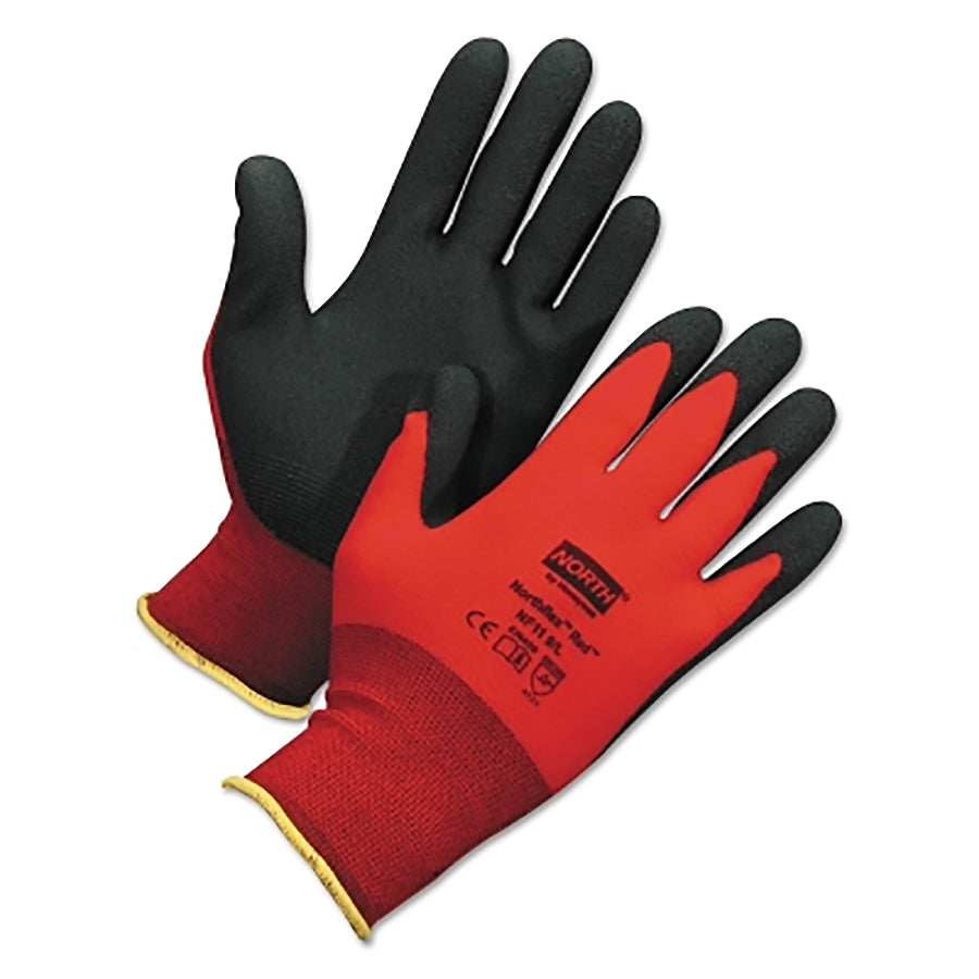 NorthFlex Red™ NF11 Foam PVC Fingers/Palm Coated Gloves, Black/Red, 12 Pairs