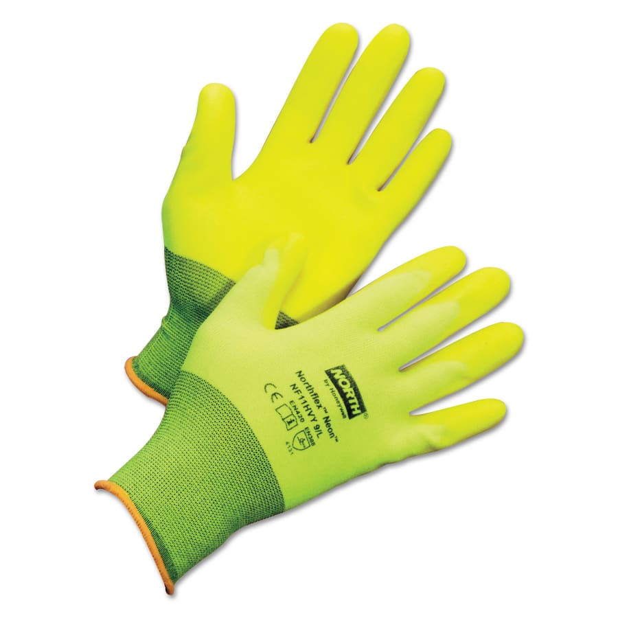 NorthFlex Neon Hi-Viz PVC Palm Coated Gloves, Yellow, 12 Pairs