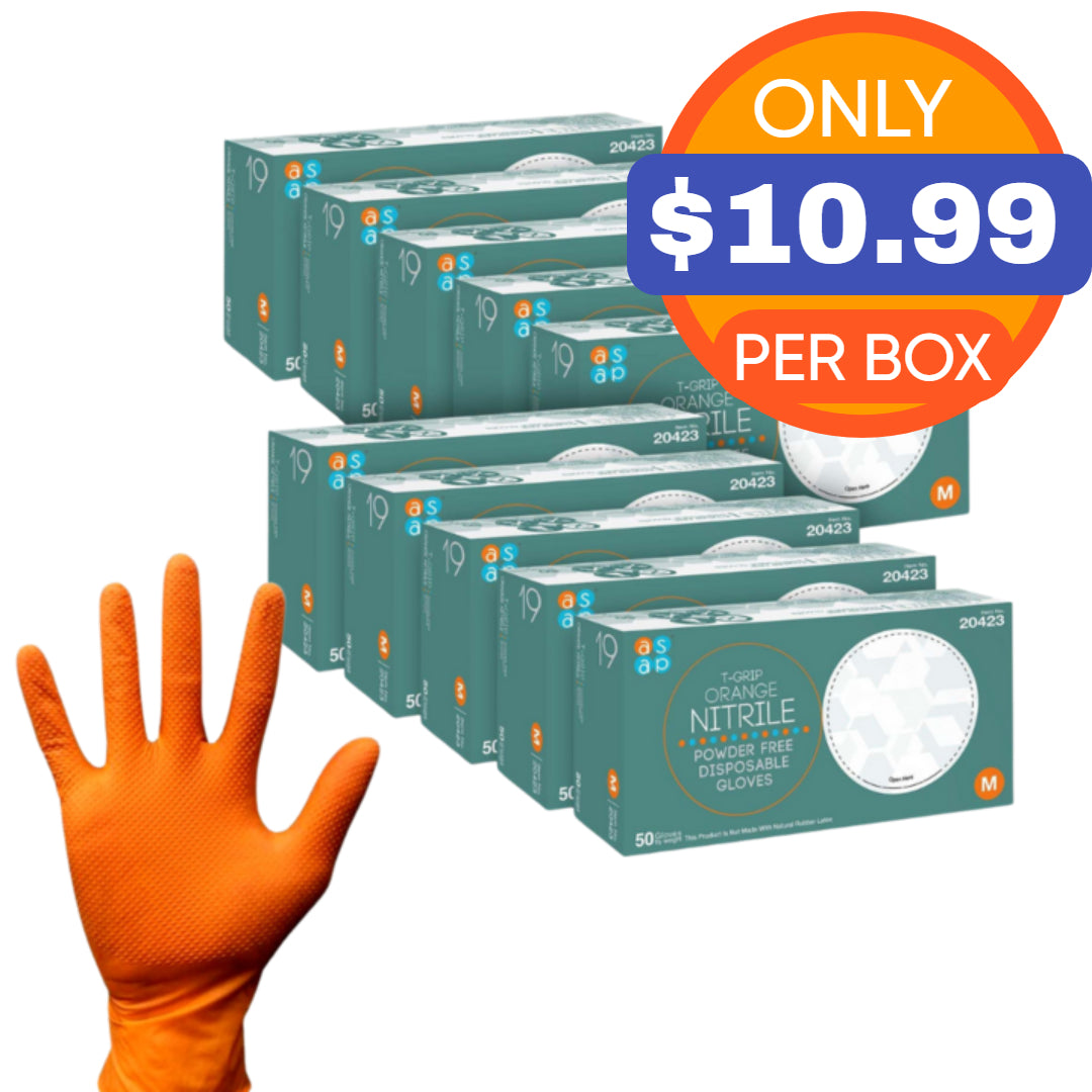 ASAP T-Grip Orange Nitrile Gloves - Powder Free (7 Mil), 500 Gloves