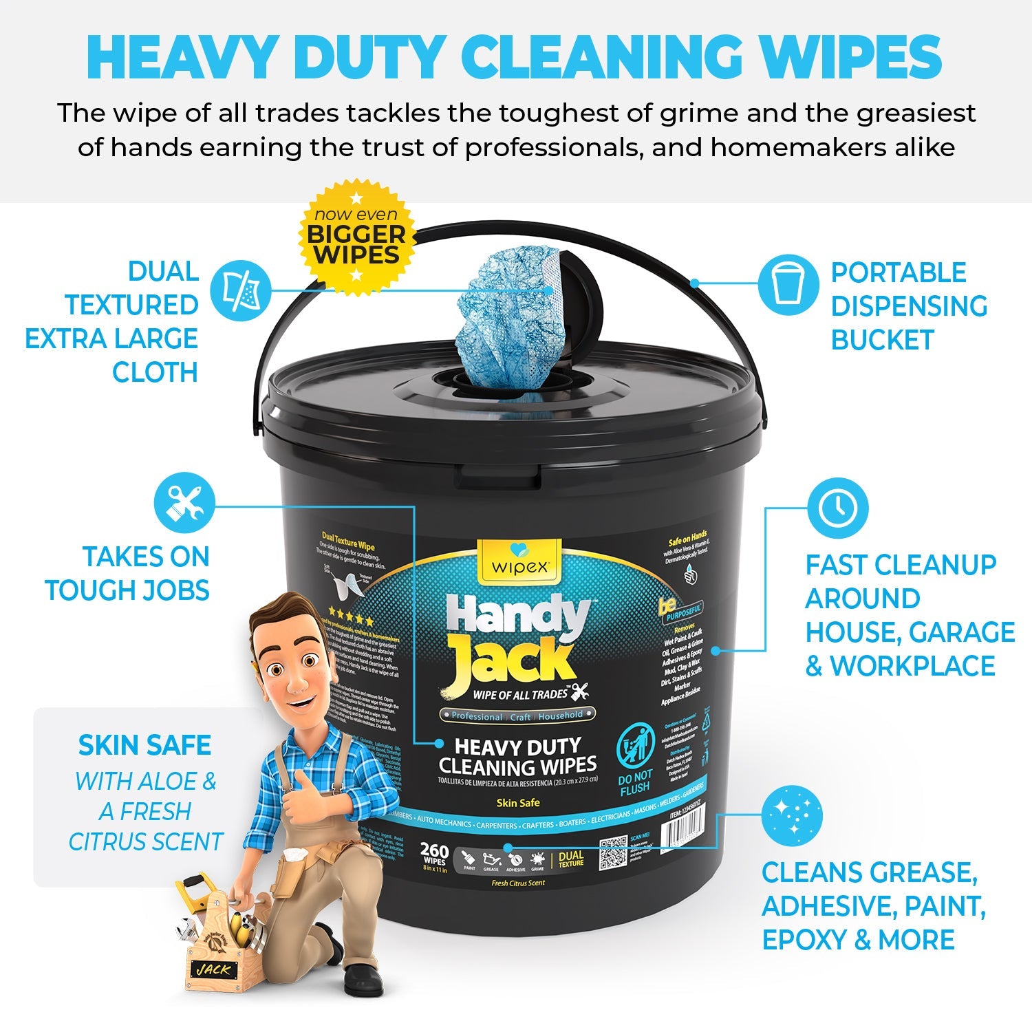 Wipex® Handy Jack® Heavy Duty Cleaning Wipes 260ct | Bulk Value Bucket