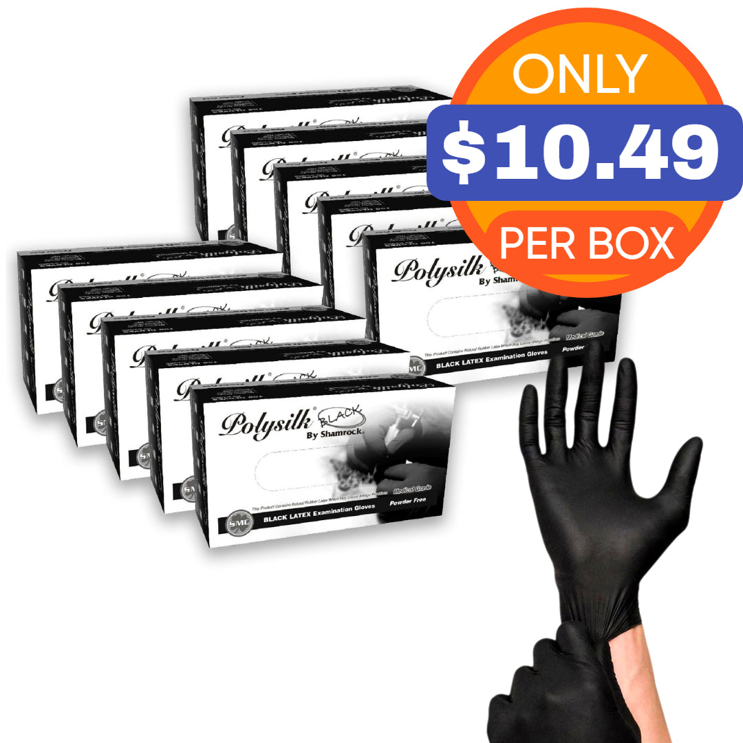 Polysilk by Shamrock Black Latex Gloves - Exam Grade, Powder Free (4 Mil) - 20 CASES (BULK)